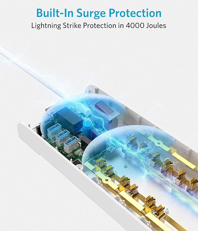 BESTEK 4,000 Joules Surge Protector with USB, Power Strips with 8 AC Outlet, 3 USB-A 2.4A 1USB-C 3A, MAX Output 1625W 13A, Long 5 Feet Heavy Duty Extension Cords 7 White