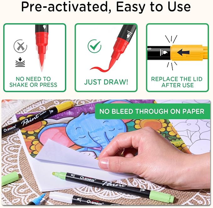 Overseas Yellow Acrylic Paint Markers, 2 Pack Dual Tip Paint Pens Acrylic Markers with Dot and Brush Tip, Coloring Marker for Wood, Rock, Canvas, Glass, Metal, Plastic, Fabric, School Supplies