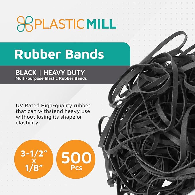PlasticMill UV Resistant Rubber Bands Size 33 (3 1/2" x 1/8") - EPDM #33 Black Rubber Bands Office Supplies - Strong, Elastic Bands for Crafts, Cash, File Folders (500-Pack)