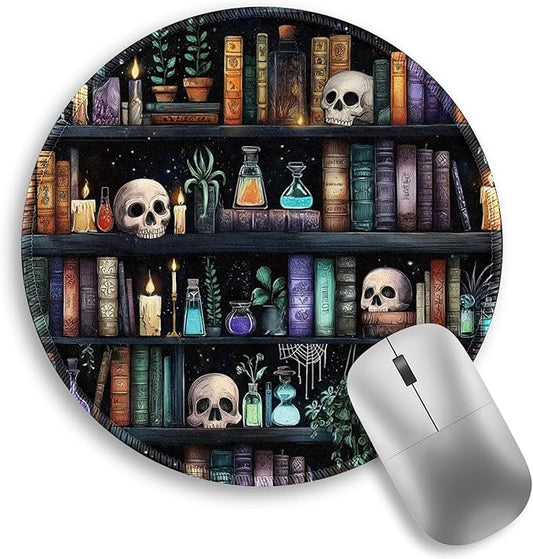 Bookshelf and Skull Mouse Pad, Skeleton Goth Gothic Small Round Mousepads for Desk, Mini Travel Mouse Mat for Wireless Computer Laptop, Work Office Desk Accessories, 8.6 x 8.6 inch
