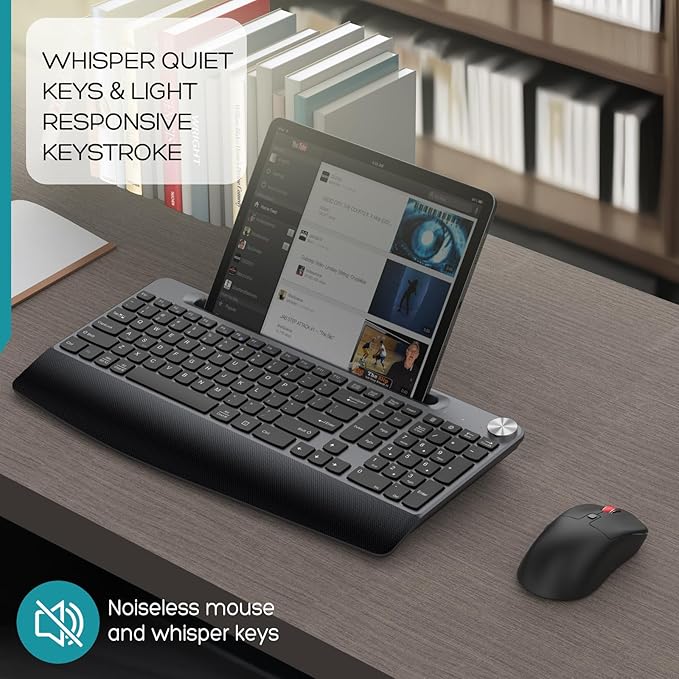 Ergonomic Wireless Keyboard and Mouse with Wrist Rest，Phone Holder - 2.4GHz Full-Sized Low-Profile Quiet Wireless Mouse and Keyboard Combo for Computer, Laptop, PC, Mac-Grey