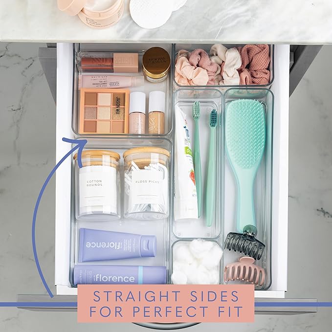 Plastic Clear Drawer Organizers. Bathroom, Kitchen, Bedroom, Jewelry, Office Organizer Bins, Storage Trays. Heavy Duty, Stackable. 9" x 3" x 2" Set of 6