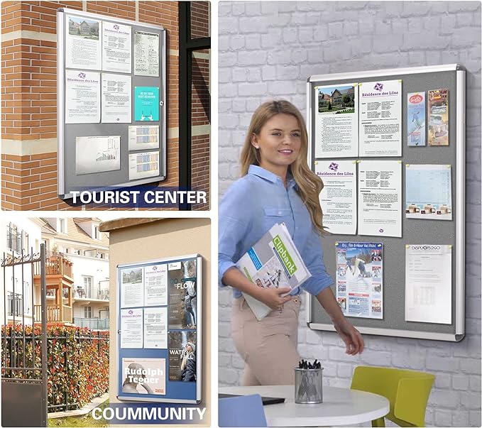 SWANCROWN Enclosed Bulletin Pin Fabric Boards Tamperproof Notice Case for Message Memo Photo,Grey,28x26inch (6xA4)