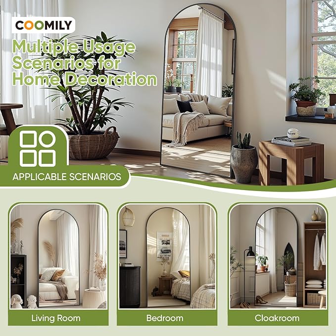 Full-Length Floor Mirror with Stand, 58"x18" Arched Style Full Body Standing Mirror for Bedroom, Living Room, Gym, Dorm - Shatter-Resistant & Easy Assembly, Black