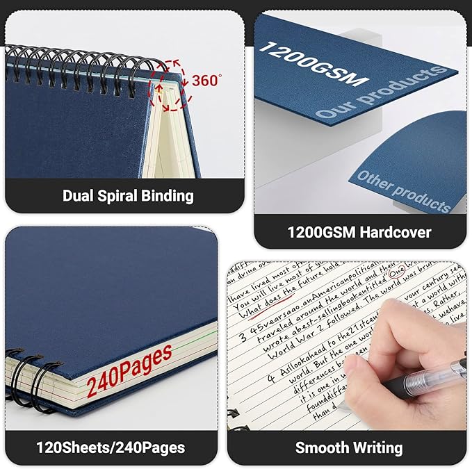 EUSOAR Spiral Notebook Hardcover, 3pcs B5 7.3"x10.2" 5 Subject College Ruled Writing Pad, 100GSM 120Sheets/ 240Pages of Lined Paper, for School, Home Supplies, Office and Business, Royal Blue