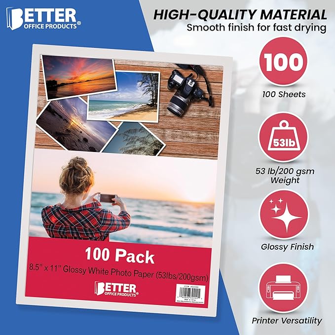 Better Office Products Glossy Photo Paper, 8.5 x 11 Inch, 100 Sheets, 200 gsm/53LBS, Letter Size, 100-Count Pack