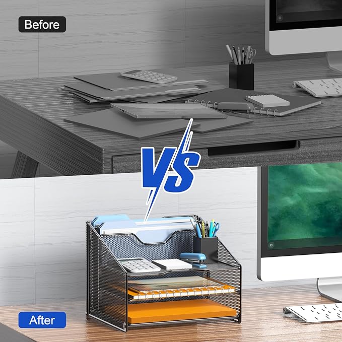 Samstar 2 Pack Mesh Desk File Organizer Letter Tray Holder, Desktop File Folder Holder with 3 Paper Trays and 2 Vertical Upright Section, Black