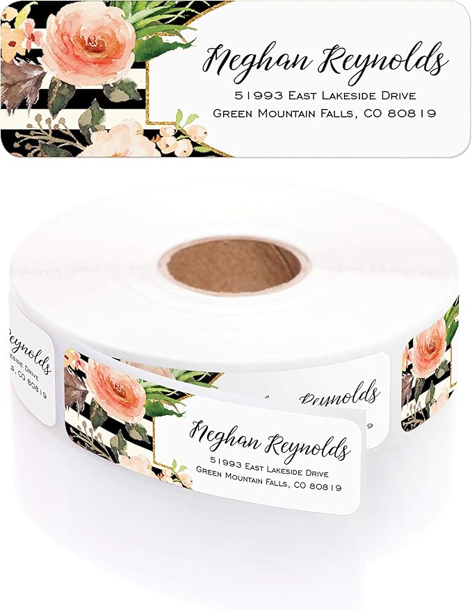 Black and White Stripe Floral Rolled Address Labels/Roll of 250 Personalized Return Address Labels/Designer Return Address Stickers in Elegant Plastic Dispenser