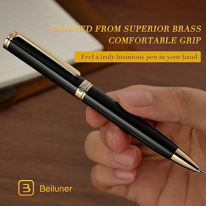 BEILUNER Luxury Gel Pen with 24K Gold Finish, Black Piano Lacquer, Luxury Grade Craftsmanship, Best Pen Gift Set for Men and Women, Professional, Executive, Office, Retractable Nice Pens