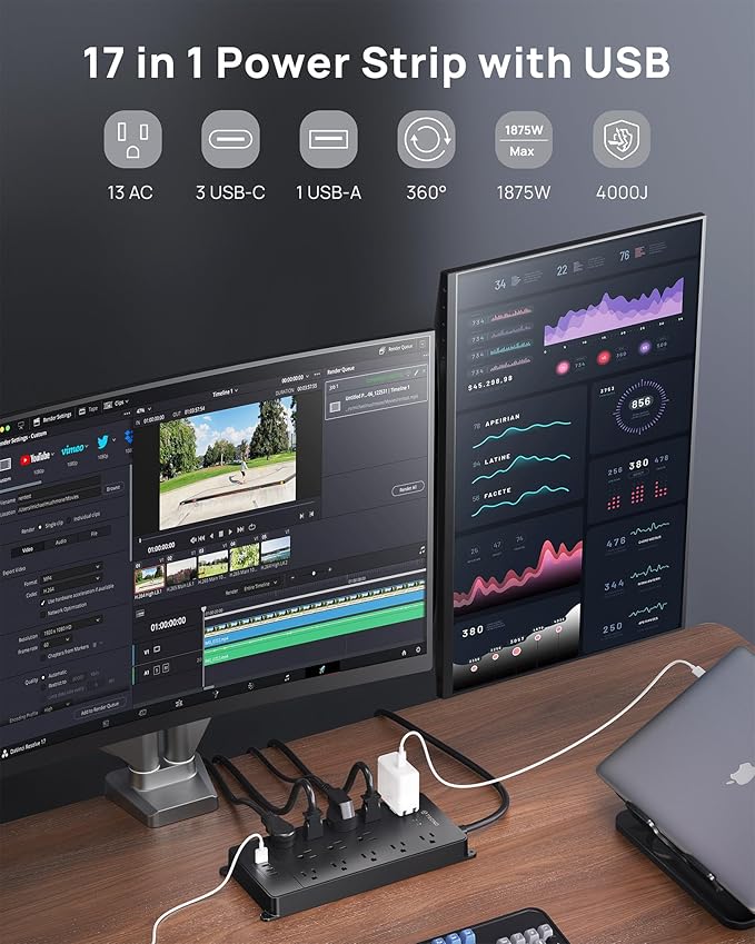 TROND 360° Rotating Flat Plug, Surge Protector Power Strip, 13AC Widely Spaced Outlets Expansion with 3 USB C Ports, 4000J, 5ft Extension Cord Heavy Duty, Wall Mount, Under Desk, ETL Listed, Black