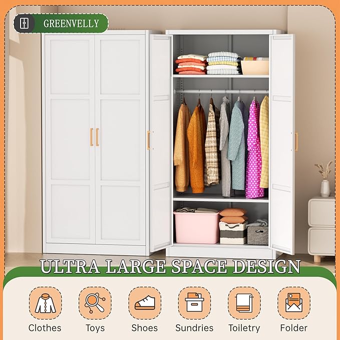 Greenvelly Metal Wardrobe Cabinet with Wooden Handle, 72" Metal Wardrobe Closet with Hanging Rods and Adjustable Shelves, Clothing Storage Closet Cabinet for Home, Office, Employee, Gym (White)