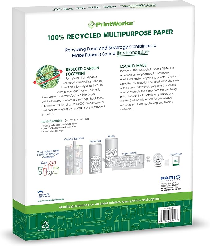 PrintWorks 100% Recycled Printer Paper 8.5" x 11" White - 20 lb Copy & Multipurpose Computer Paper - 8 Packs, 3200 Sheets - Made in the USA - 92 Bright - Printer & Copier Compatible (00018-8)