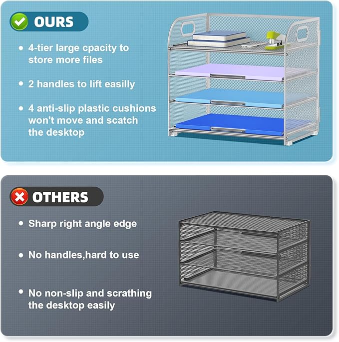 Marbrasse 4 Tier Paper Organizer Letter Tray - Mesh Desk File Organizer with Handle, Paper Sorter Organizer for Letter/A4 Office File Folder Holder (Silver, 12.6" x 9.1" x 10.7")