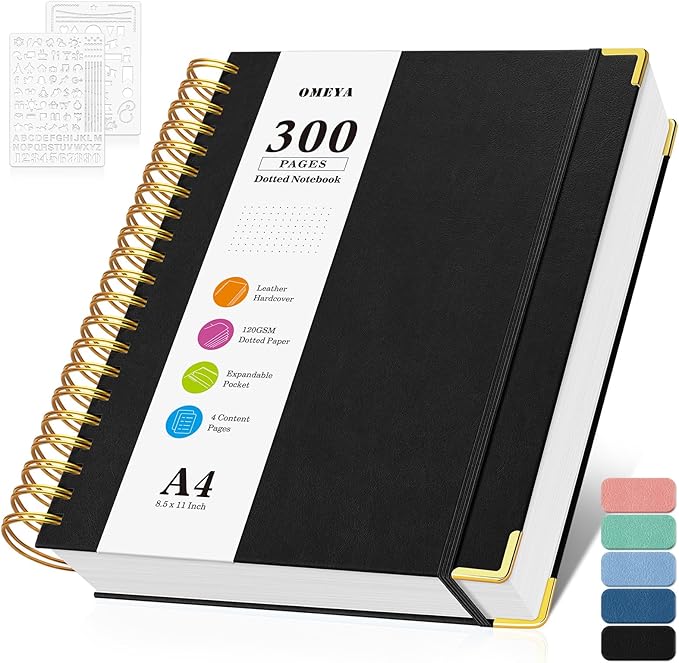 Bullet Dotted Journal Spiral Notebook, 300 Pages Leather Notebooks with Contens, 120 GSM Thick No Bleed Through Paper Journals, A4 Large Dot Grid Notebook for Women Men Work Writing, 8.5" x 11", Black