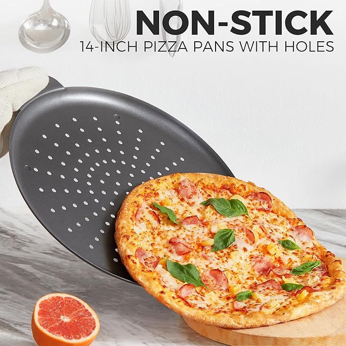 HONGBAKE 2 Pack Pizza Pan 14 Inch with Holes, Rust-Free Nonstick Pizza Pan for Oven, 0.8mm Carbon Steel Perforated Pizza Tray with Wider Handles, Round Baking Sheet for Frozen & Homemade Pizza, Grey