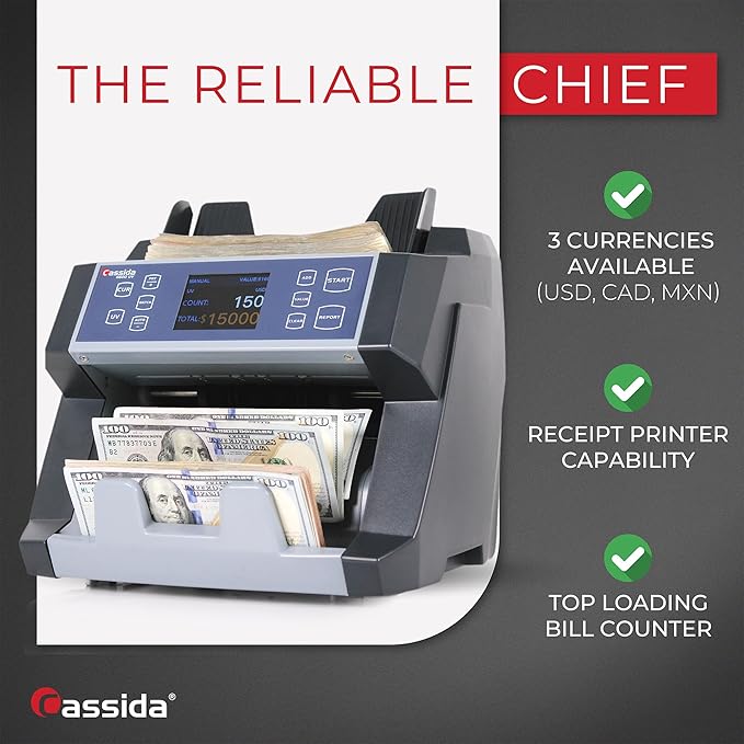 Cassida 6600 UV – USA Business Grade Money Counter with UV/IR Counterfeit Detection – Top Loading Bill Counting Machine w/ ValuCount™, Add and Batch Modes – Fast Counting Speed 1,400 Notes/Min