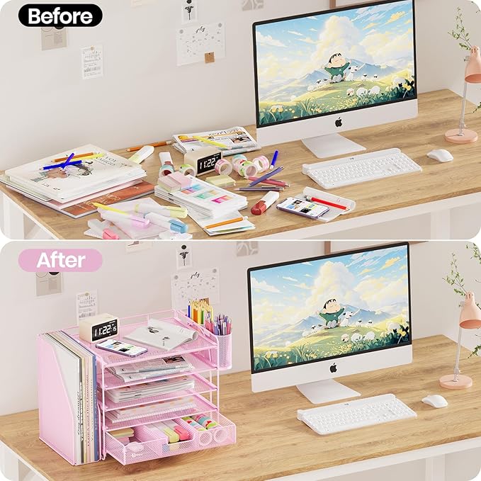 Desk Organizers and Accessories, 5-Tier Paper File Organizer with Drawer & Pen Holder, Office Desk Accessories Workspace Desktop Organizer for Office Supplies((Pink)