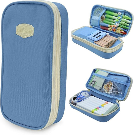 Large Capacity Pencil Case - Durable Zipper Aesthetic Pen Pouch, Big Storage Organizer for School, Office & Travel - Waterproof & Multi-Use (Light Blue)