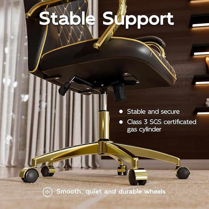 Black and Gold Office Chair with Soft Leather Embroidery, Mid Back Vintage Swivel Executive Desk Chair with Wheels and Padded Arms, Adjustable Height