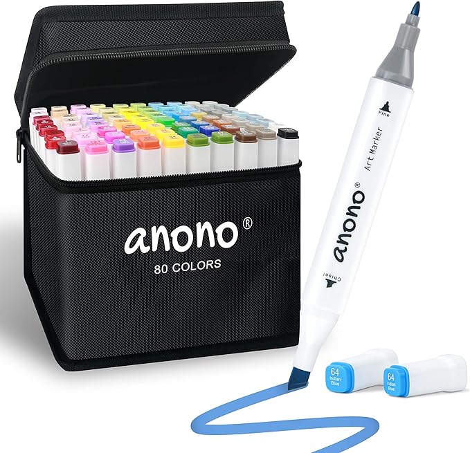 anono 80 Colors Alcohol Markers Set, Coloring Markers with Chisel and Fine Tips, Includes Carrying Case, Suitable for Book Painting and Coloring, White Barrel