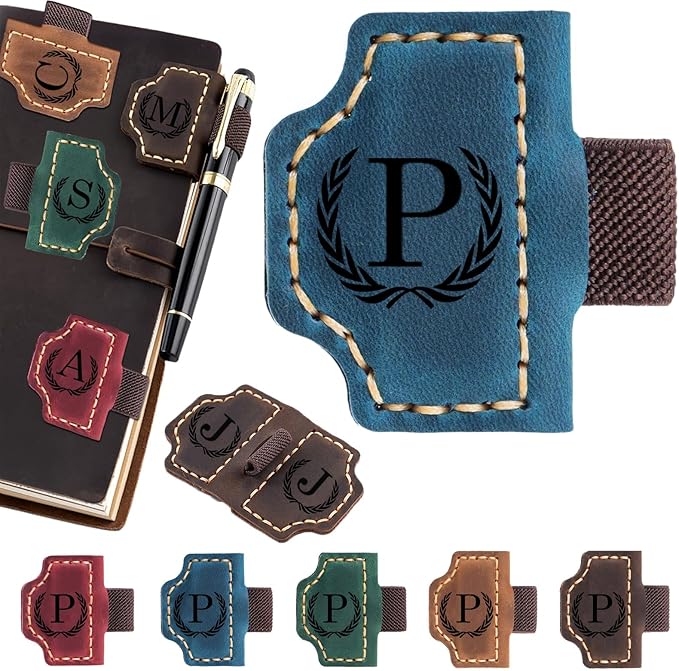 Artlaza Personalized Magnetic Leather Bookmark with Pen Holder - 26 Letters Custom Book Mark with Name Initial Engraved Book Marker for Readers, Book Lovers, Travelers - Gift for Women & Men(Blue，P