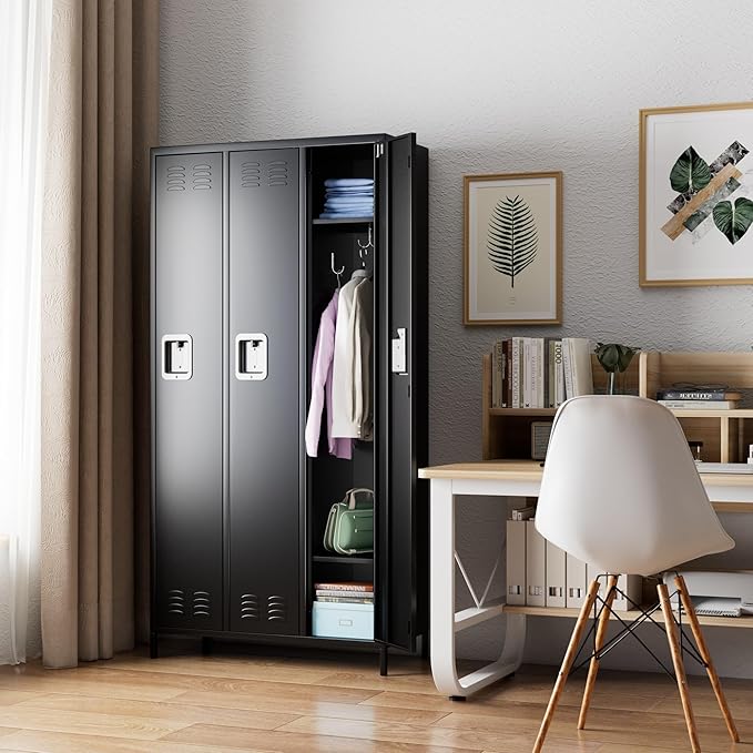 3 Doors Metal Lockers for Employees with Lock, Metal Locker with 9 Hooks for School Garage Office Gym Home,Assembly Required,Black