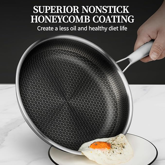 Stainless Steel Frying Pan with Lid, 8 Inch Honeycomb Non Stick Frying Pan, Small Stainless Steel Nonstick Pans W/Lid, Safe Nonstick Skillet Egg Omelete Pans, Oven Safe, Induction Compatible,PFOA Free