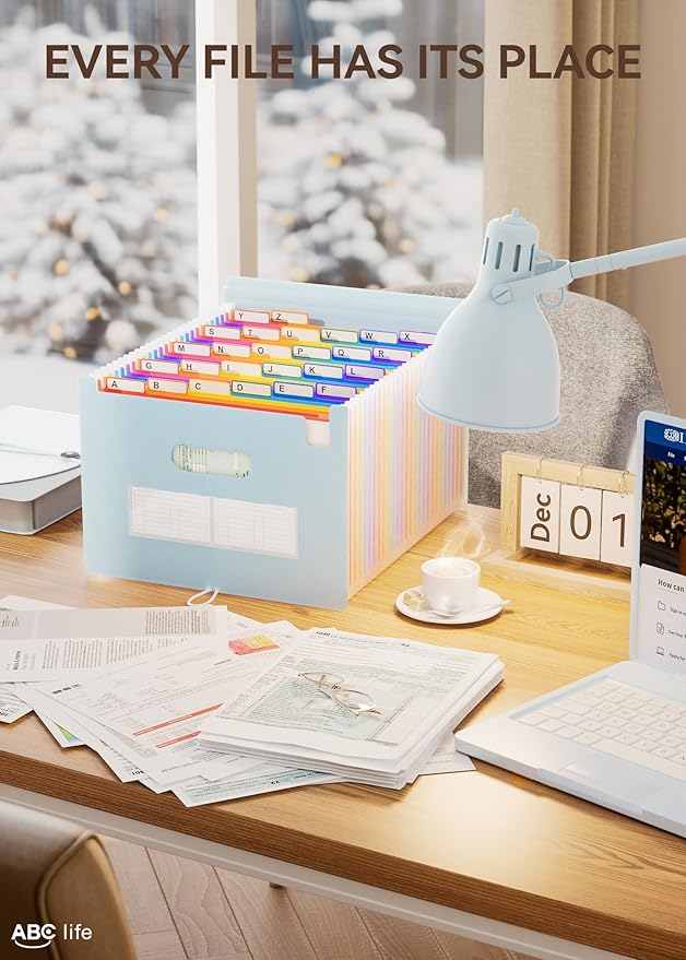 ABC life 26 Pockets Accordian File Organizer Expanding File Folders, Portable Letter A4 Size Filing Box,Plastic Monthly Receipt Document Organizer with Colored Tabs (Light Blue)
