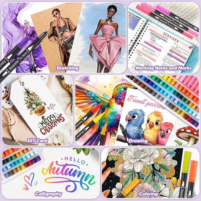 Soucolor Gifts for Teen Girls, Aesthetic Cute Preppy Stuff School Supplies, Teen Girl Gifts, Art Kits for Girls Ages 6-14, 100 Colors Dual Tip (Brush and Fine Point) Markers Pens for Mothers Day Gift