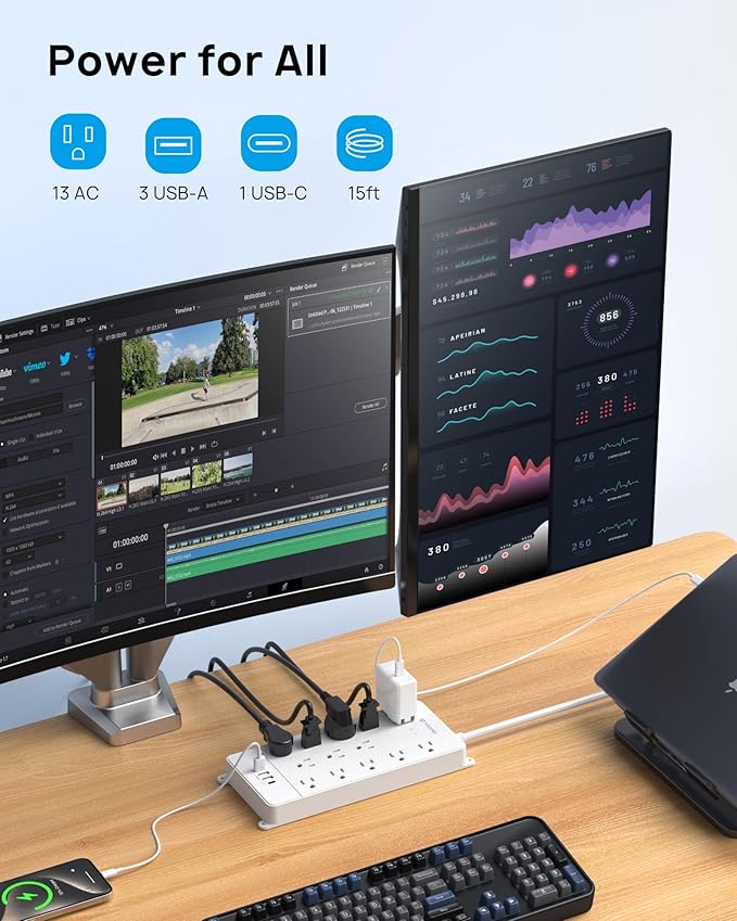 TROND Surge Protector Power Strip 15 ft Cord - Long Extension Cord, 13 Widely-Spaced Outlets Expansion with USB C Ports, 4000 Joules, Flat Plug, Wall Mount, ETL Listed, Office Desk Accessory, White