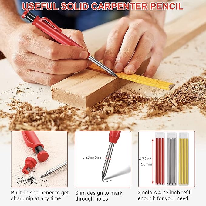 Gegong 3 Pieces Solid Carpenter Pencil with 21 Refill Built-in Sharpener, Long Nosed Deep Hole Mechanical Pencil Marker Marking Tool (Solid Carpenter Pencil Set)