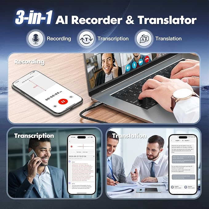 AI Voice Recorder,64GB Note Voice Recorder with Real-Time Transcribe & Summarize & Translation Powered by ChatGPT, Digital Recorder Translator Device with App Control for Lectures, Meetings, Calls