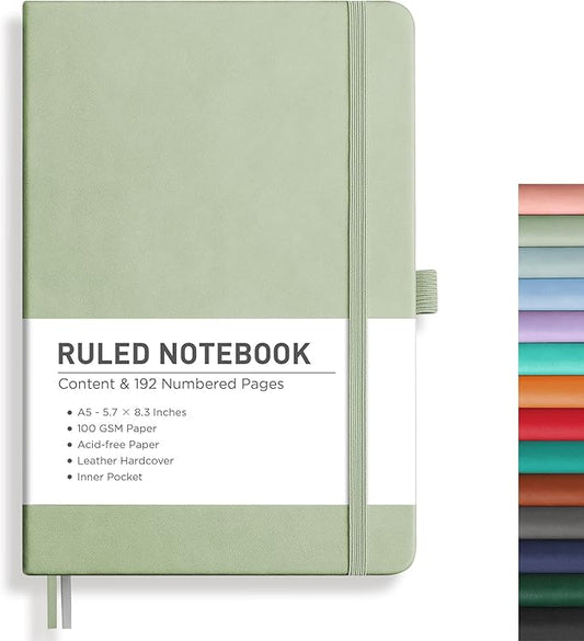 RETTACY Lined Journal Notebook, 192 Numbered Pages, A5 Medium Size (5.7'' x 8.3''), for Men & Women, Journaling, Writing, Work & Office, Leather Hardcover, 100 GSM Thick Paper (Light Green)