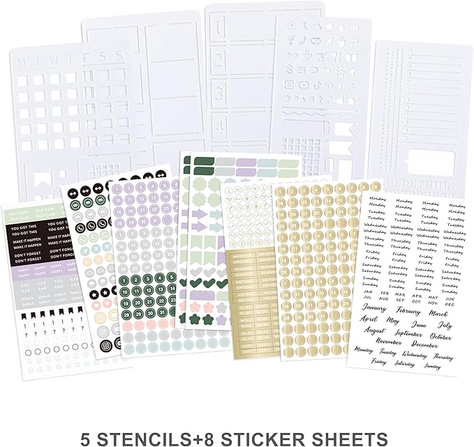 &And Per Se Dotted Journal Notebook Set, A5 Hardcover Dotted Journal (Green), 6 Fineliner Pens, 8 Sticker, 5 Stencil Sheets & 6 Washi Tapes, Journaling Supplies for Planner Schedule