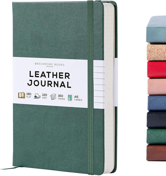 BEECHMORE BOOKS Lined Journal Notebook, 5.8 x 8.3 inch, A5 160 Lined Pages, Hardcover Leather Journals for Women, Men, Writing and Notebooks for Work - 120 GSM Thick Paper, Gifts Box Included