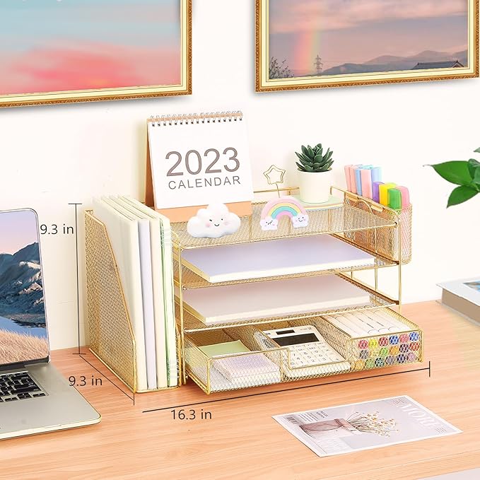 Desk Organizer and Accessories, 4-Tier Desktop File Organizer with Drawer and 2 Pen Holders, Office Desk Accessories for Office Supplies(Gold)