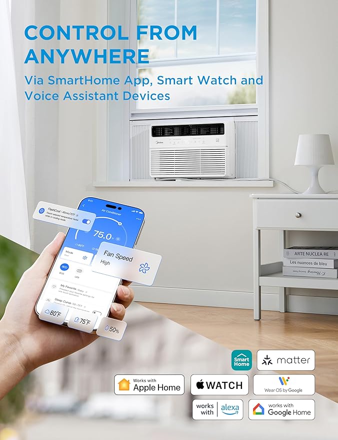 Midea 8,000 BTU Smart Inverter Window Air Conditioner with APP, Alexa Control, 115V AC Unit Cools up to 350 Sq. Ft, Quiet Operation, Energy Saving, Remote & Easy Installation Kit, White
