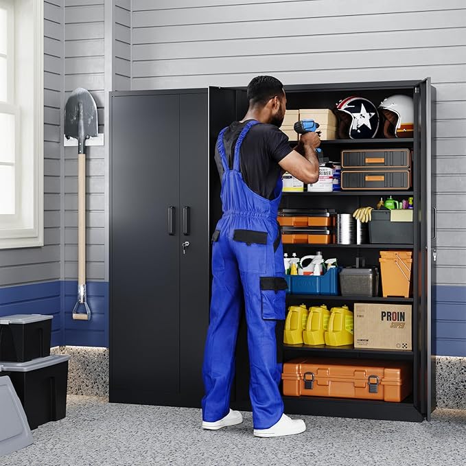 Yizosh Metal Storage Cabinet with Lock - 72" Garage Storage Cabinet with 2 Locking Doors and 5 Adjustable Shelves, Black Steel Lockable for Office,Home,Garage