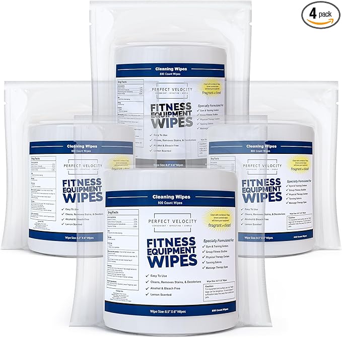 Fitness Gym Equipment Wipes - 4 Rolls of 800 Pre-Moistened Cleaning Refill Wet Wipes - For Upwards and Downwards Dispensers