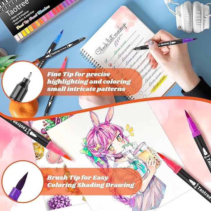 Taotree 120 Colors Dual Tip Art Markers Pens for Kids Adult Coloring Book, Artist Fine & Brush Tip Coloring Markers Drawing Pen for Journaling Note Taking Lettering Calligraphy Craft Art Supplies Set