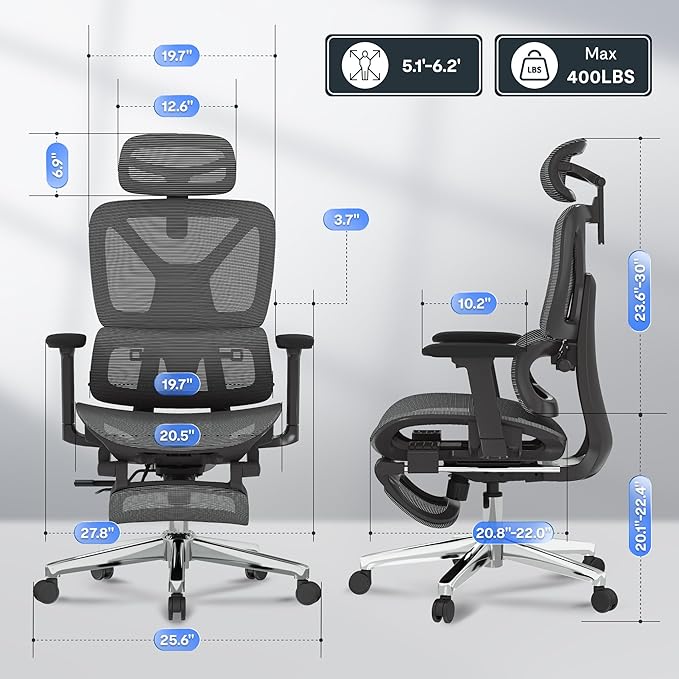 FLEXISPOT ErgoX Premium Ergonomic Office Chair with Footrest- Adjustable 3D Armrests, Dynamic Lumbar Support, Recline & Tilt Function, Mesh Seat, for Home & Office Use,Dark Grey
