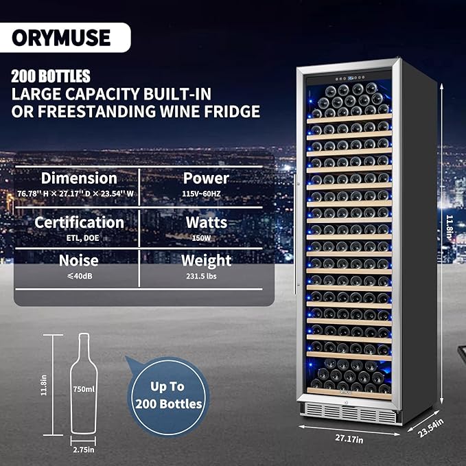 Large 200 Bottle Wine Fridge - 24 Inch Wine Cooler Refrigerator, Freestanding and Built-in Design, Upgraded Compressor Cooling, Intelligent Temperature Memory