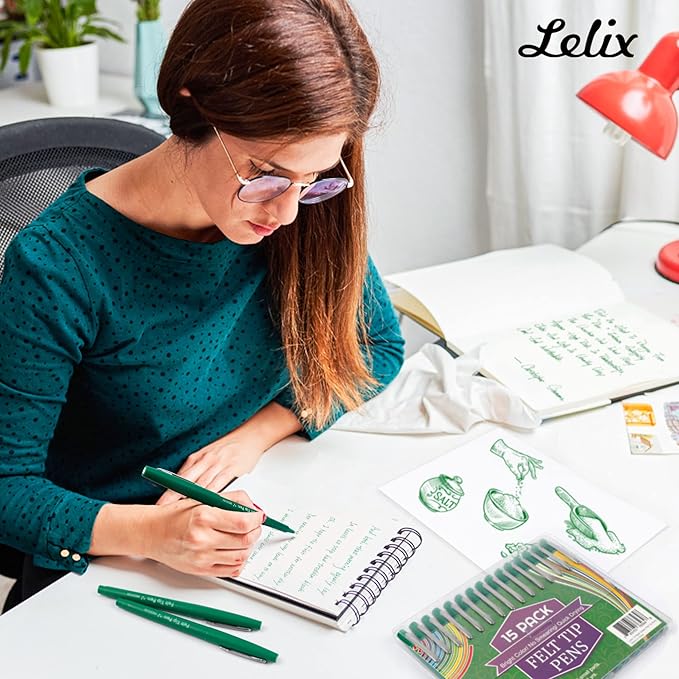 Lelix Felt Tip Pens, 15 Green Pack, 0.7mm Medium Point, Felt Tip Markers Pens for Journaling, Writing, Note Taking, Planner, Perfect for School Office and Art Supplies