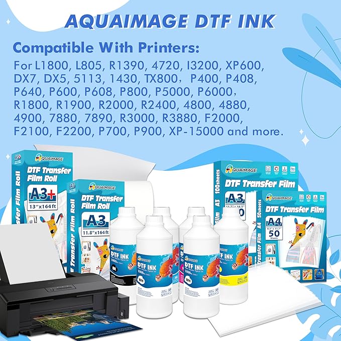 Premium DTF Ink 6000 ml, DTF Transfer Ink for PET Film, Refill Ink for printheads ET-8550, XP-15000, XP600, I3200, L1800, Direct to Film Heat Transfer Printing, 1000ml x 6 (2W+BKCMY)