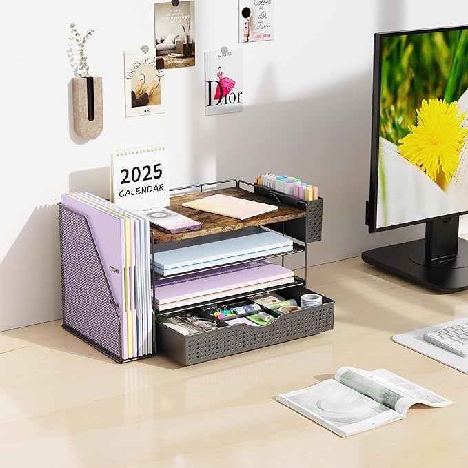 Wood Desk Organizers and Accessories with File Holder, 4-Tier Desk Accessories & Workspace Organizers with Drawer and Pen Holder, Paper Organizer for Office Supplies (Wood)