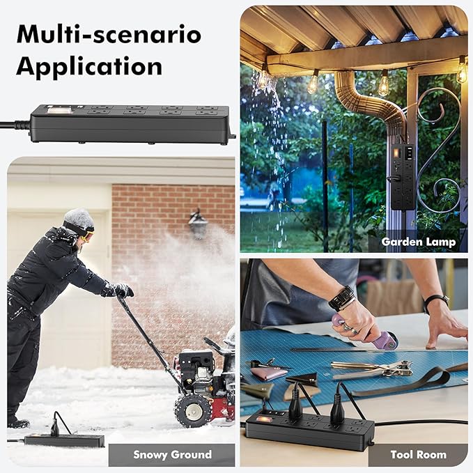 IPX6 Outdoor Power Strip Weatherproof, Waterproof Surge Protector with 8 Wide Outlet with 2A2C USB Ports, 10FT Long Extension Cord, Wall Mountable for Outside Decorations and More UL Listed(Black)