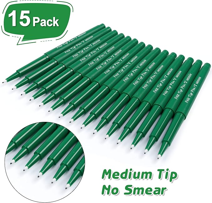 Lelix Felt Tip Pens, 15 Green Pack, 0.7mm Medium Point, Felt Tip Markers Pens for Journaling, Writing, Note Taking, Planner, Perfect for School Office and Art Supplies
