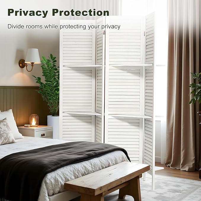 NicBex 4 Panel Room Divider,5.6FT Wood Carved Room Dividers with Display Shelves Folding Privacy Screens Portable Freestanding Partition Wall Dividers for Room Separation,Home Bedroom Office,White