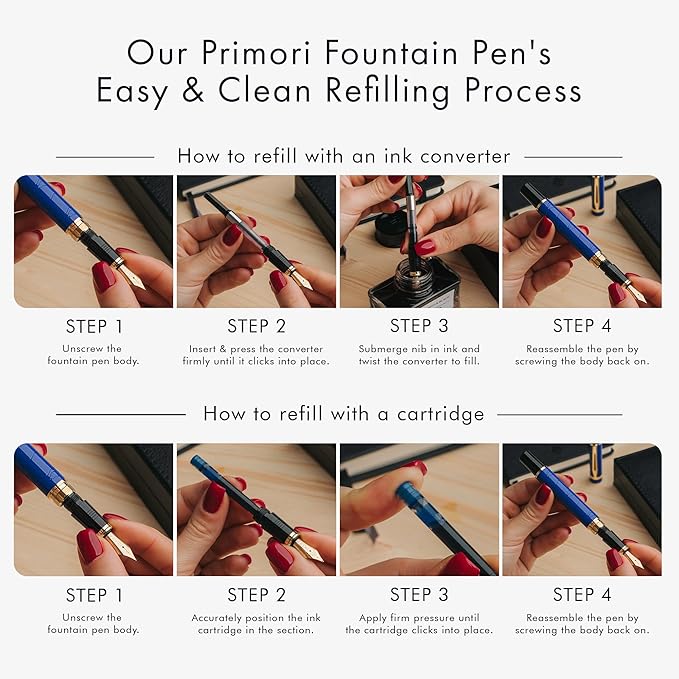Wordsworth & Black Primori Fountain Pen Set [Blue Gold]; Extra Fine Nib, Gift Case, 24 Ink Cartridges, Refill Converter, Manual; Journaling, Calligraphy, Smooth Writing Pens; Left and Right Handed