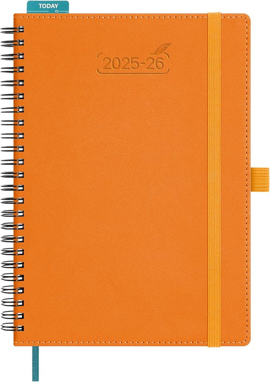 BEZEND Planner 2025-2026 Weekly and Monthly, 5.8" x 8.5" Academic Calendar (Jul 25-Dec 26) Vertical Daily Appointment with Hourly Timeslot & Monthly Tab, Spiral, PU Leather Softcover - Orange